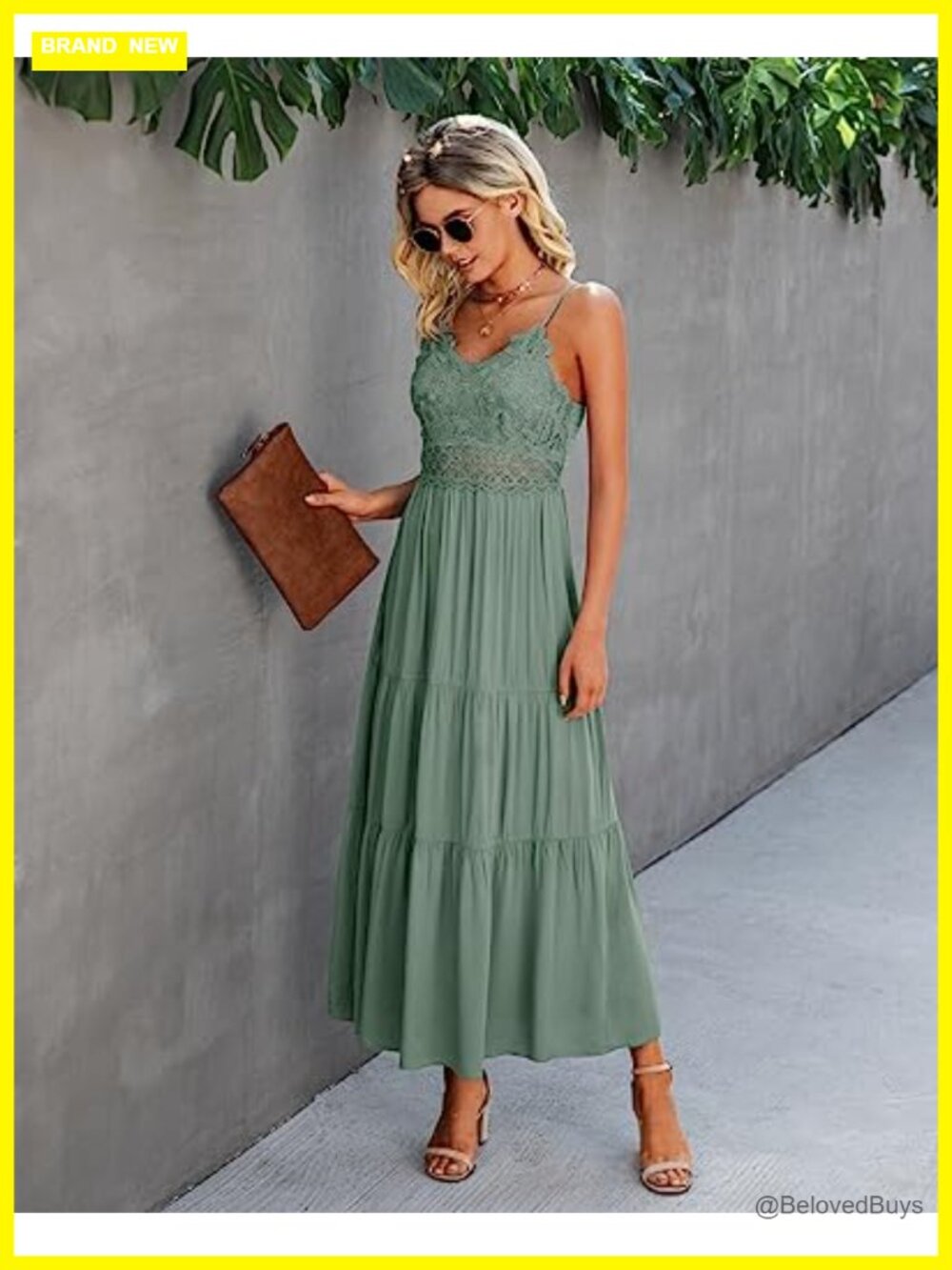 Lace Trim Maxi Dress V-Neck Spaghetti Strap Summer Wedding Guest - Picture 2 of 6
